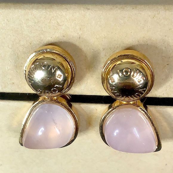 LOUIS VUITTON Stone Earrings Gold Plated Rose Quartz Brass Pierced Earrings COA - Picture 1 of 17
